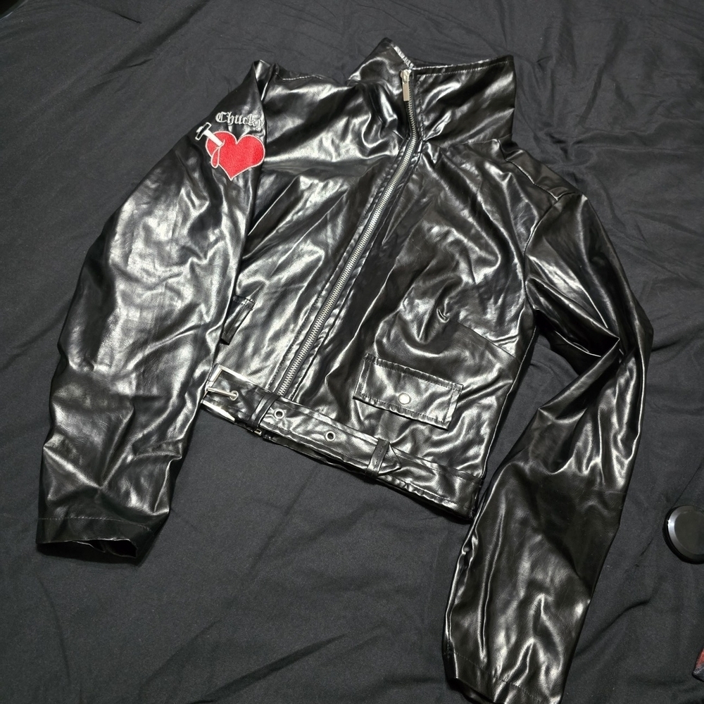 CHUCKY Black Faux Leather Jacket with Heart Patch